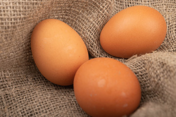 Chicken eggs on a background of rough homespun fabric. Close up.