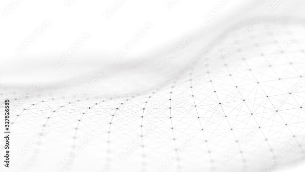 Fototapete Wave of particles on white background. Network connection dots and lines. Digital background. 3d rendering.