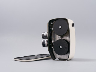 retro mini camcorder on a gray background