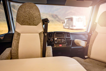 Travel by motorhome through the picturesque holiday landscapes free space for an advertising inscription