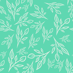 seamless pattern with white outline branches and leaves on minty green background. Spring/summer print. Packaging, wallpaper, textile, fabric design