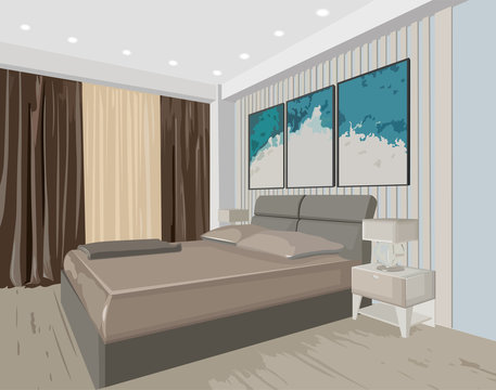 Bedroom concept interior with modern design bed and paintings