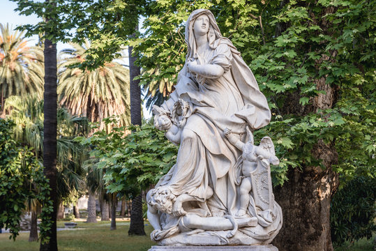 One of the statues in Villa Giulia park also called Popolo park in Palermo, Sicili Island in Italy