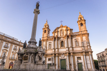 Fototapeta na wymiar Immaculate Conception column and facade of Saint Dominic Church in Palermo, Sicily Island in Italy