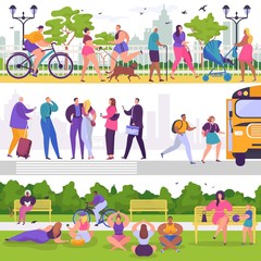 City people walking street and park vector illustrations. Cartoon woman man characters in outdoor park activity, walk, stand on sidewalk, relax in garden together, everyday city life summer cityscape