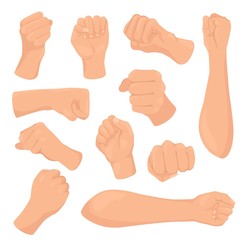 Cartoon fists vector illustrations. Woman hand with clenched fist, female caucasian clenches palm hand in different angles, raised hands, fisticuffs. Fight and protest concept, isolated icons set