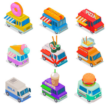 Isometric food truck vector illustration. Street truck or van selling hot dog, pizza, burger, sushi and asian streetfood in outdoor market. Donut, ice cream, coffee, milk trucking 3d isolated icon set