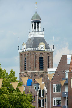 A view of the tower of Grote of Mariakerk (English: "Great or Maria church") with classicistic facade, built in the 15th century, in the center of the city Meppel in The Netherlands. 