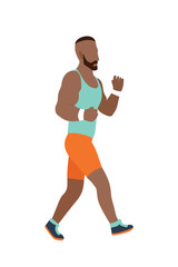 Jpeg illustration of walking fast man in flat design style. Sport. Run. Active fitness. Exercise and athlete. Variety of sport movements. Flat cartoon style. Side view.
