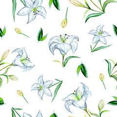 White lilies seamless pattern ornament. Pastel Floral. Delicate Botanical watercolor Motif. Fashion Prints. Lily Flowers. Summer Ornament. Elegant Sketches Drawing Illustrated. Isolated on white.