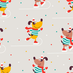 Vector seamless pattern with yellow and brown dogs and color dots. It can be used for backgrounds, fabric, surface textures, wallpapers, pattern fills