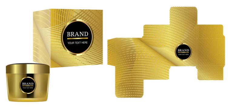 Packaging design, Label on cosmetic container with gold luxury box template and mockup box, illustration vector.	