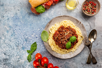 Classic Spaghetti bolognese on plate. Top view with copy space.