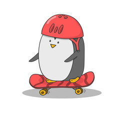 Happy penguin with red helmet rides on skateboard.