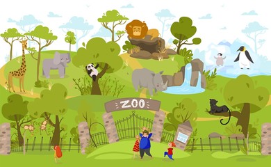 Happy family going to zoo, exotic animals cartoon characters, vector illustration. Parents and children together at zoo entrance, cute lion, panda, giraffe and penguins. Family people enjoy weekend - obrazy, fototapety, plakaty