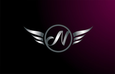 silver grey wings N letter alphabet logo design with metallic icon for business company