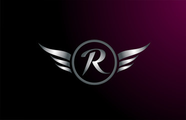 silver grey wings R letter alphabet logo design with metallic icon for business company