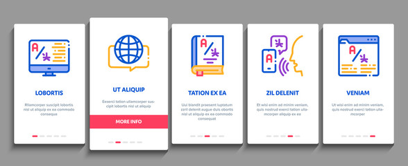 Interpreter Translator Onboarding Mobile App Page Screen Vector. Interpreter In Smartphone And Web Site, Laptop And Microphone, Language Linguist Concept Linear Pictograms. Color Contour Illustrations