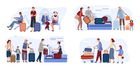 Traveler people in airport lounge with tickets, suitcase on hand drawn airline vector illustration. Man, women, child with luggage sit on airport bench, carry baggage ,checkin flight, awaiting flight