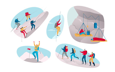 Climber in extreme sport on mountain. People climbing in outdoor adventure cartoon vector illustration isolated on white. Man, women climb mountain, reach top, go on sticks one after another