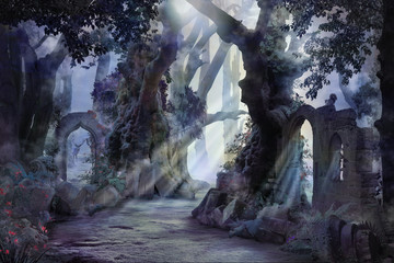 into the deep woods, atmospheric landscape with archway and ancient trees, misty and foggy mood © Kanea