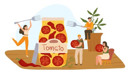 Tiny people opened a huge jar of dried tomatoes, vector illustration. Men and women with giant forks, cartoon characters with canned tomatoes. Healthy organic food, sun dried vegetables in glass jar