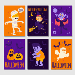 Set of cartoon Halloween posters, cards, invitation, wallpaper with cute characters witch, zombie, mummy, vampire, bat, pumpkin, ghost. Funny halloween designs. Kids room decoration