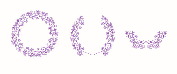 Set of hand-drawn floral frames, monograms and borders. Boho style