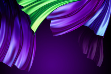 3d render, abstract violet green background, drapery, curtains waving, cloth folds, iridescent silk texture, ripples. Modern fashion textile, trendy design, silky fabric. Copy space