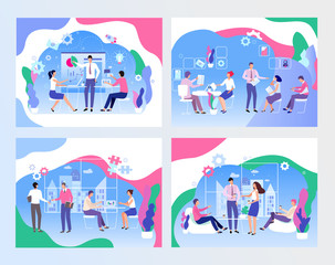 Business meeting and brainstorming concept on person hand drawn vector illustration. Office team discussion and developing corporate business strategy. People in teamwork planning succes