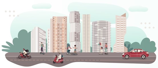 People riding different transport in city, vector illustration. Traffic of modern metropolis, road to high rise buildings. Men, women and children riding scooter, skateboard, bike, driving car in city