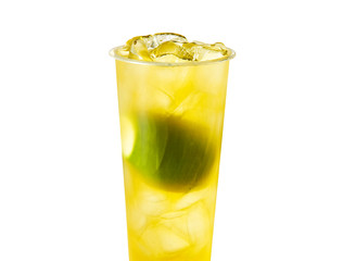 Green lemon iced beverage white background