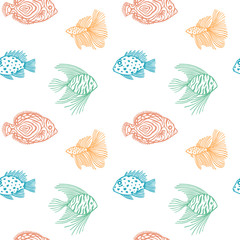 Seamless pattern of color fish on white background. Funny vector outline endless fish pattern. For wrapping paper, box,scrapbooking,web background. Design for fish market, shop, restaurant.