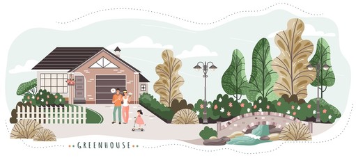 Happy family enjoying morning coffee outside cozy house near park, vector illustration. Romantic couple cartoon characters, young parents watching their daughter riding scooter. Family house people