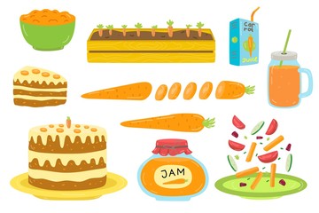 Different carrot foods on vector healthy cooking hand drawn illustration isolated on white. Vegetarian organic orange slice, package, glass mug with juice. Tasty cake, salad, planted plant in box.