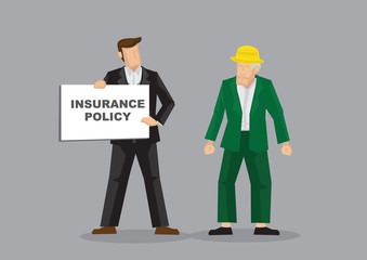 Businessman trying to sell an insurance policy to an old folk. Concept of healthcare insurance or emergency compensation.