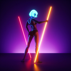 3d render, virtual female model posing, realistic mannequin doll, standing on the stage holding neon light glowing lines. Futuristic pole dance performance at night club. Slim young woman in blue wig.