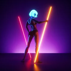 Foto op Plexiglas 3d render, virtual female model posing, realistic mannequin doll, standing on the stage holding neon light glowing lines. Futuristic pole dance performance at night club. Slim young woman in blue wig. © NeoLeo