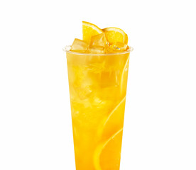 Cold drink with orange juice and ice cubes