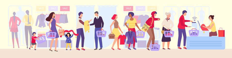 Shopping queue in clothing store vector illustration, queueing the group of people in shop during the sale, cartoon character man queues in line. Woman, kids clothes in basket.Cashier shopping counter