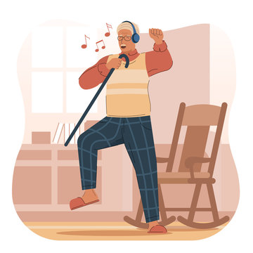 Happy Old Man Listening To Music While Dancing