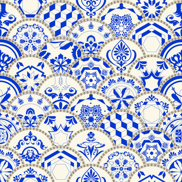 Seamless tile pattern. Colorful lisbon, mediterranean floral ornament pattern. Round flower blue mosaic. Islam, Arabic, Indian, Turkish, Pakistan, Chinese Moroccan, Portuguese Ottoman motifs. Vector