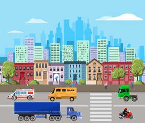 Urban landscape vector illustration with modern city skyscrapers and suburban buildings, urbanisation concept. Cityscape background design. Town skyline with street view, house and people silhouettes.