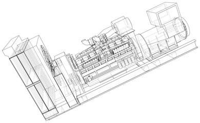 Generator. Diesel and gas industrial electric generator. The layers of visible and invisible lines are separated. Wire-frame outline.