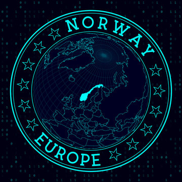 Norway Round Sign. Futuristic Satelite View Of The World Centered To Norway. Country Badge With Map, Round Text And Binary Background. Awesome Vector Illustration.