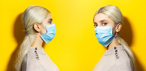 Collage portrait of young blonde girl wearing medical flu mask and sweater on yellow background.