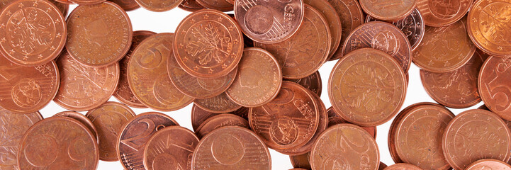 Panoramic image. One, two and five euro cent coins background. End of small change or cash