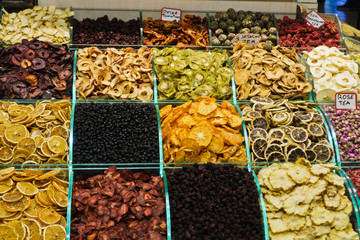 Various dried fruit at Istanbul Bazaar at historic part of Istanbul downtown, Turkey