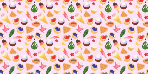 Exotic tropic summer seamless pattern with gluten free belgian waffles, gelato, yogurt ice cream, ice-cream pop and fruits with palm tree and monstera leaves. Vector illustration for print texture.