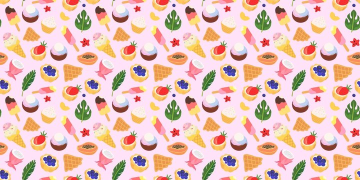 Exotic tropic summer seamless pattern with gluten free belgian waffles, gelato, yogurt ice cream, ice-cream pop and fruits with palm tree and monstera leaves. Vector illustration for print texture.